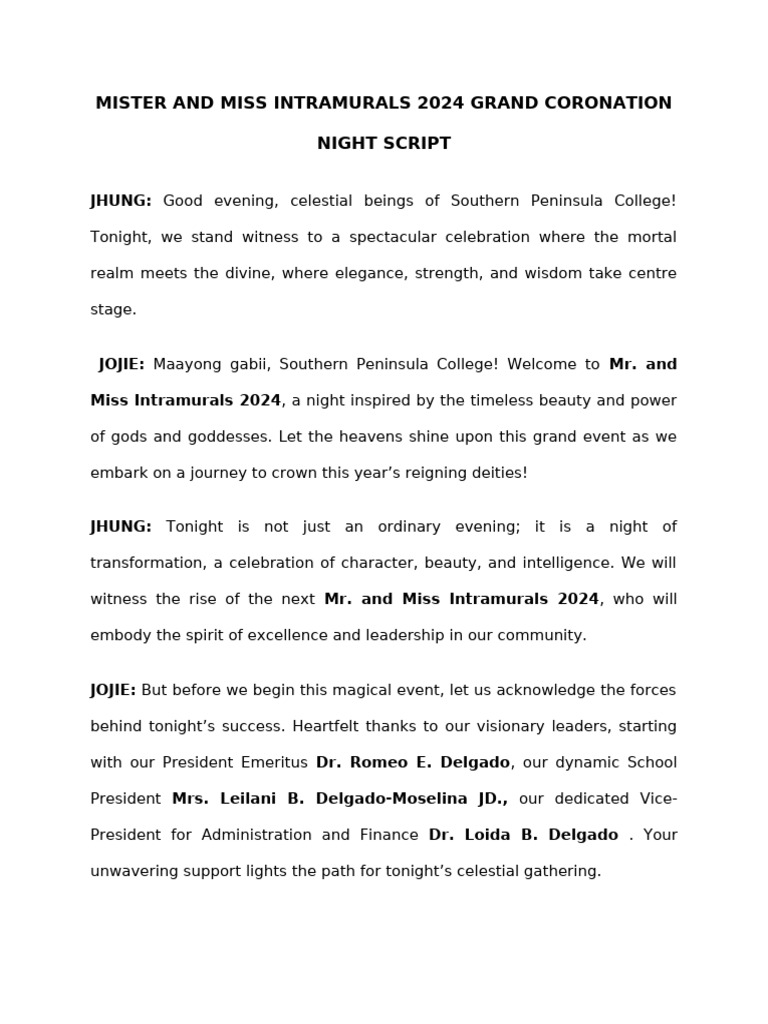 Mr. and Miss Intramurals 2024 Script | PDF