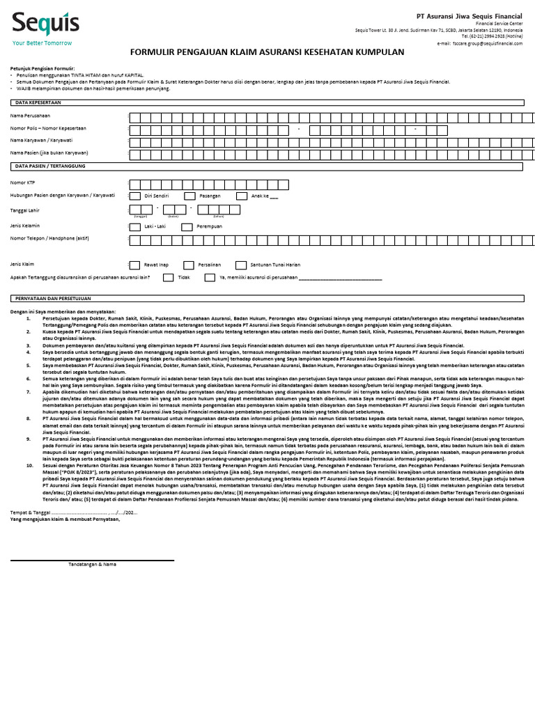 Formulir Klaim Asuransi Kesehatan Sequis | PDF
