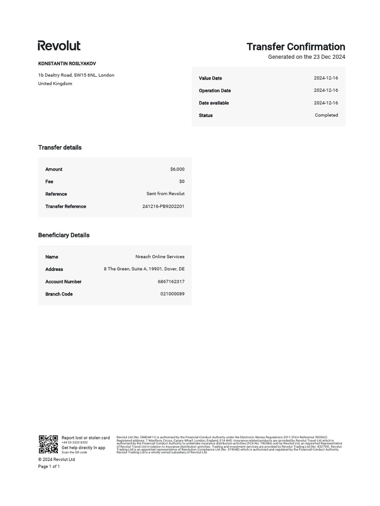 Revolut Transfer Confirmation Receipt | PDF | Financial Services | Banking