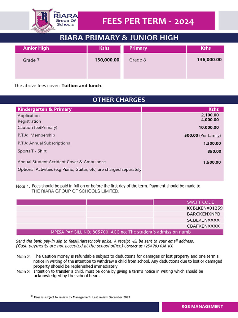 Riara School Fees Structure 2024 | PDF | Nairobi | Fee