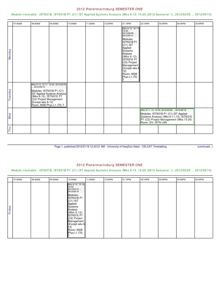 2012 Pietermaritzburg Module Timetable | PDF | Teaching Methods ...