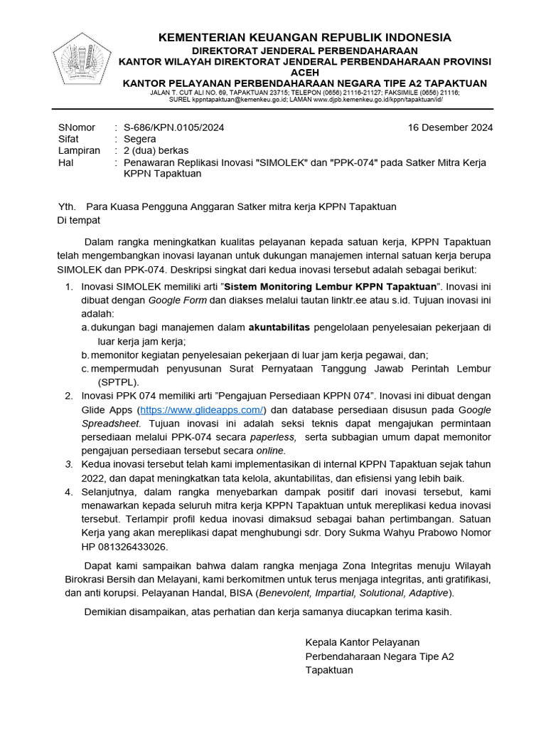 Penawaran Replikasi Inovasi SIMOLEK Dan PPK074 Pada Satker Mitra Kerja ...