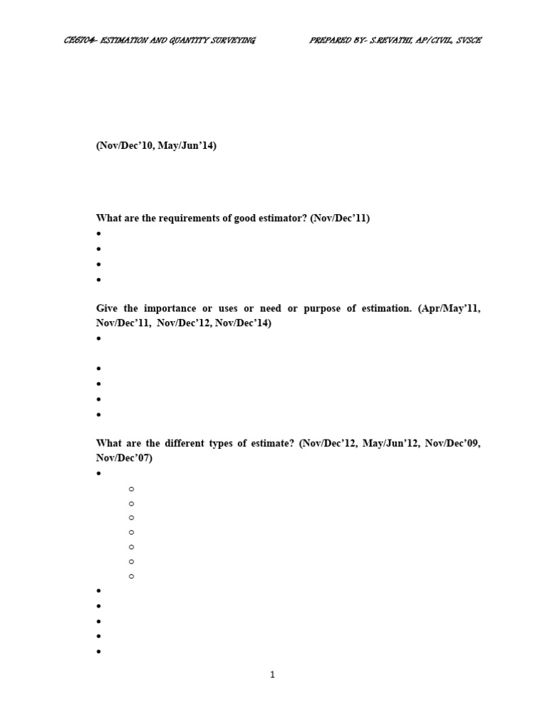 Estimation and Quantity Surveying Guide | PDF | Specification ...