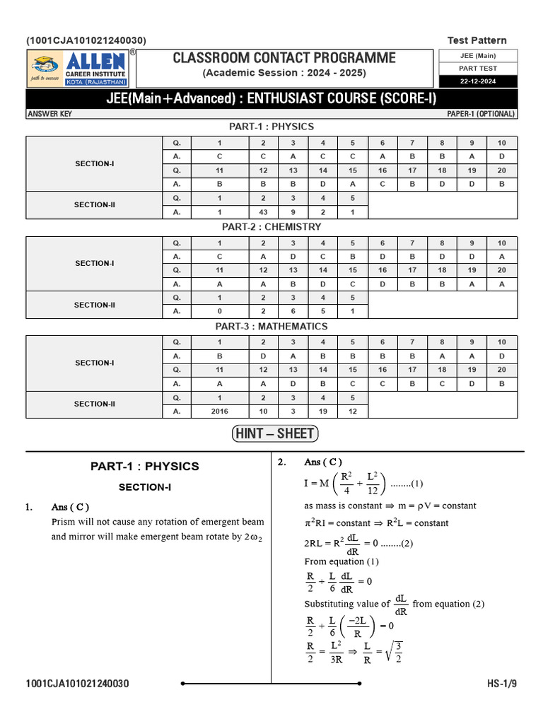 JEE Main 2025 Physics Chemistry Math Test Key | PDF | Chemistry ...