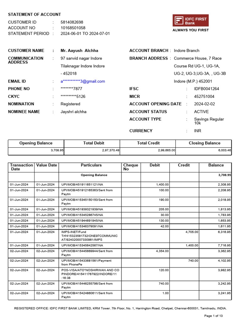 Account Statement: June 2024 Summary | PDF | Debits And Credits | Banks
