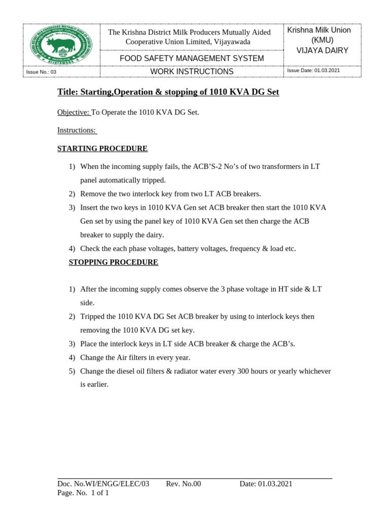 DG Set Operation Instructions for Dairy | PDF