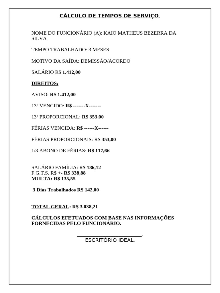 Cálculo de Tempos de Serviço e Direitos | PDF