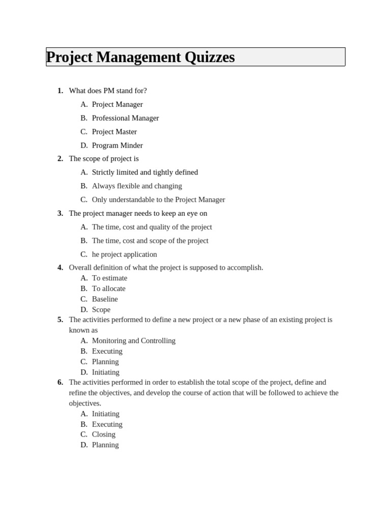 Project Management Quiz Questions | PDF | Project Management | Business