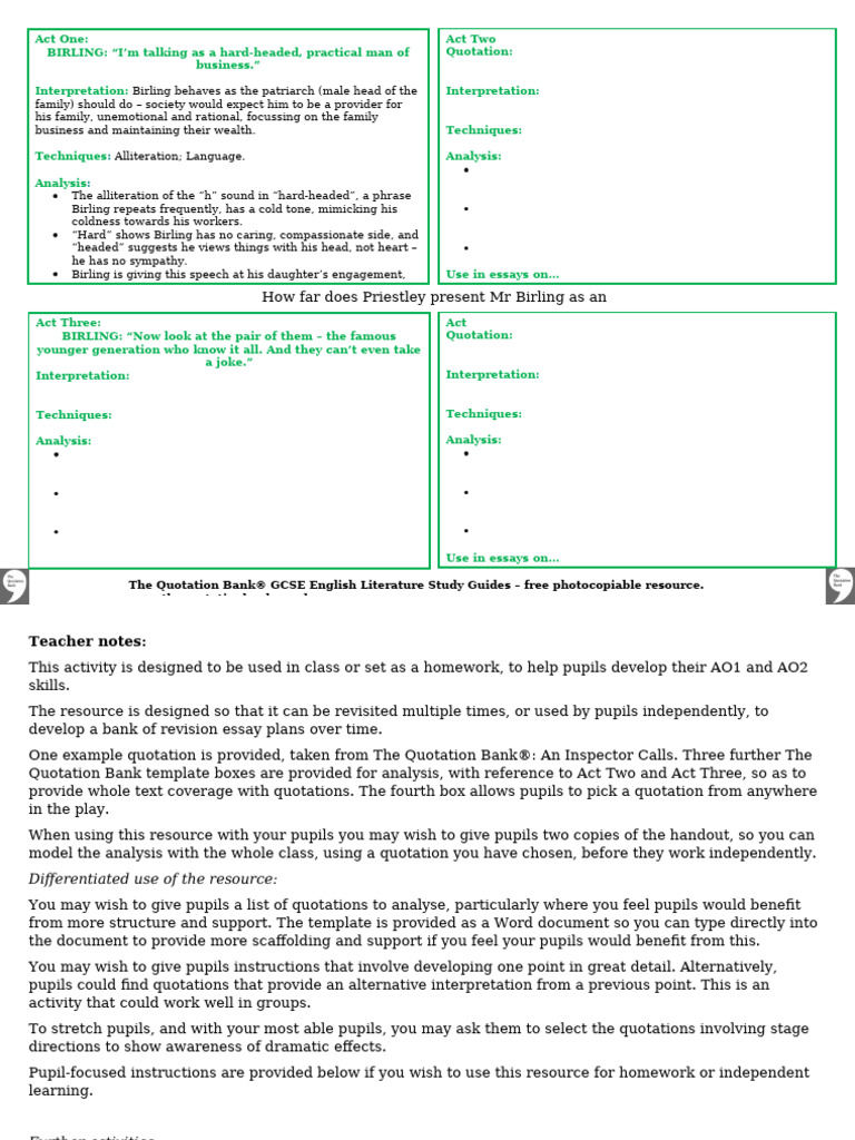 Essay Plan Resource - An Inspector Calls - Bi | PDF | Essays | Human ...