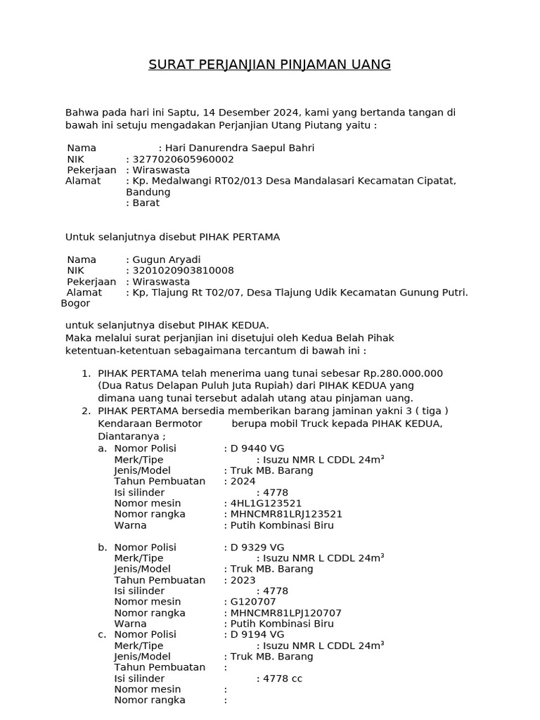 Surat Perjanjian Pinjaman Uang 2024 | PDF