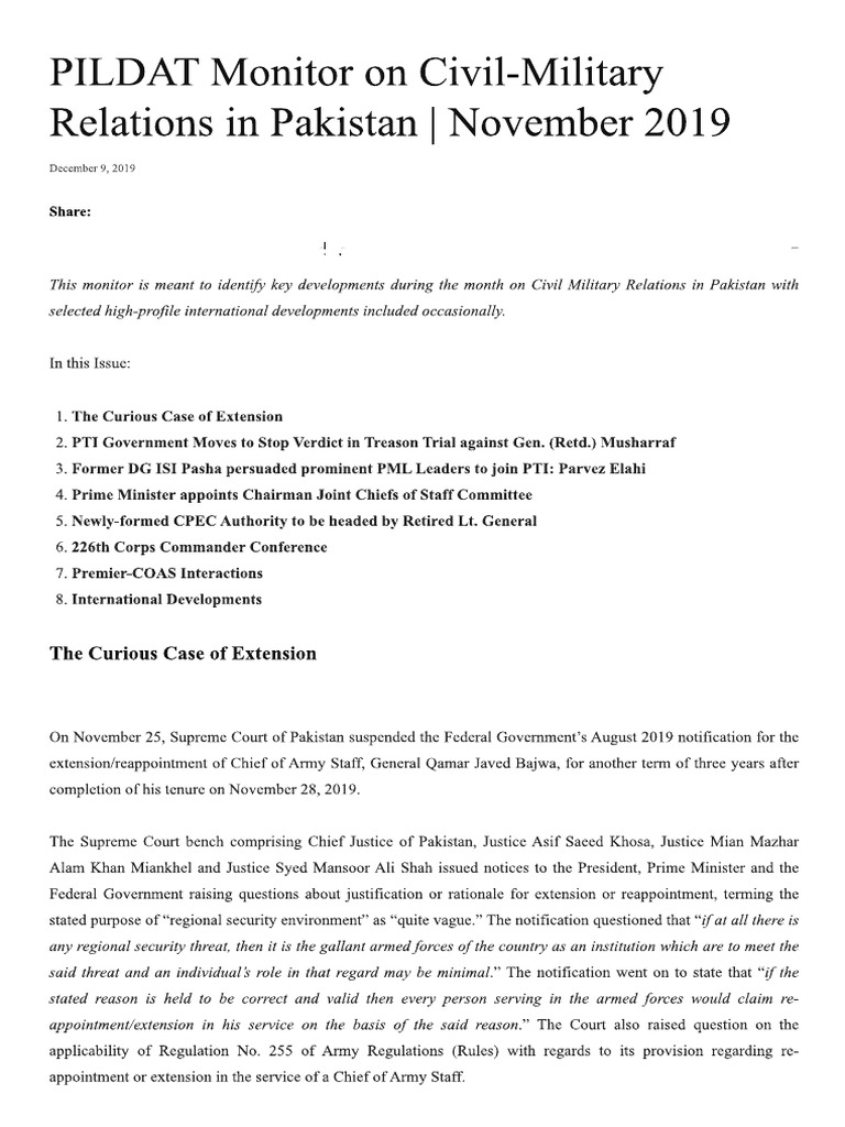PILDAT Monitor On Civil-Military Relations in Pakistan 2019 | PDF