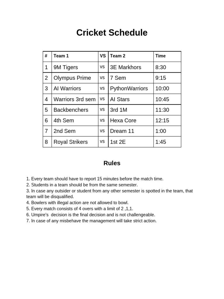 4-Team Cricket Tournament Schedule | PDF