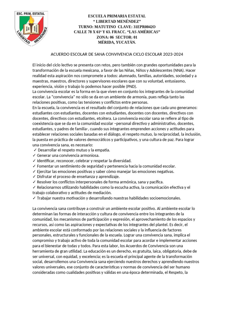 Acuerdo Escolar de Sana Convivencia Ciclo Escolar 2023 | PDF | Escuelas ...