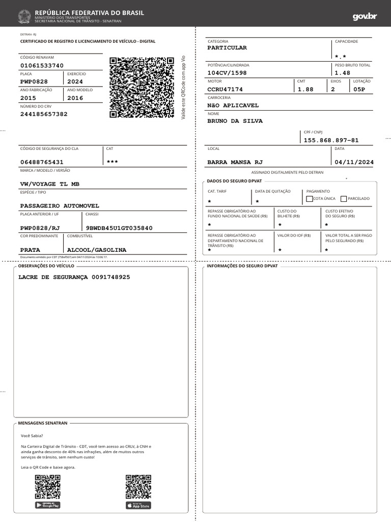 CRLV Digital e Informações do Veículo | PDF | Transporte | Veículos