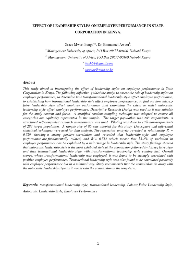 Effect of Leadership Styles On Employee Performance in State ...