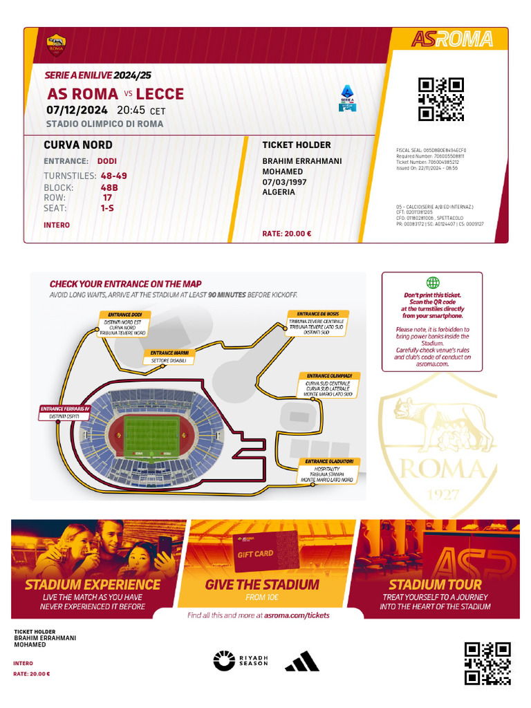 AS Roma vs Lecce Ticket Details | PDF