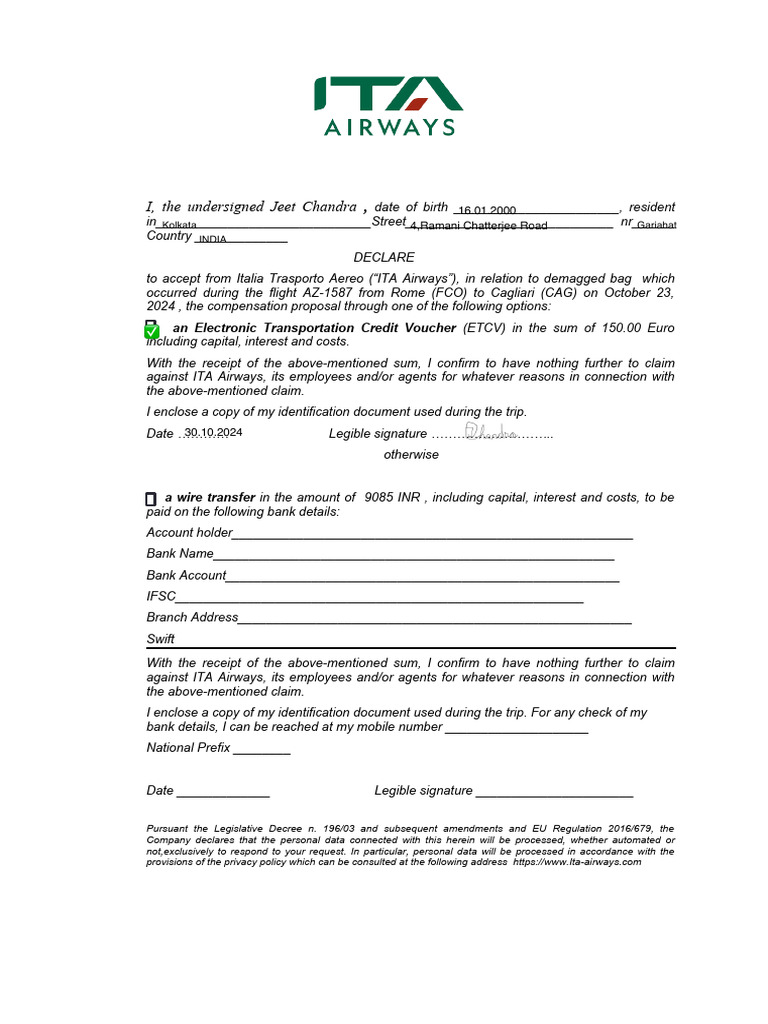 ITA Airways Compensation Acceptance Form | PDF