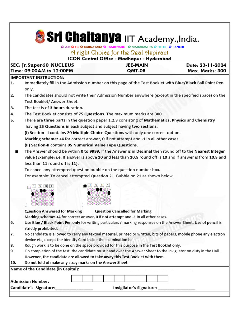 Sri Chaitanya JEE-Main Answer Key Guide | PDF | Applied And ...