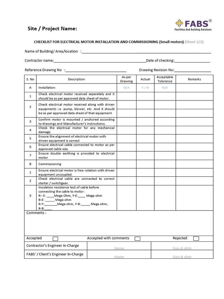Electrical Motor Installation Checklist | PDF | Electric Motor ...
