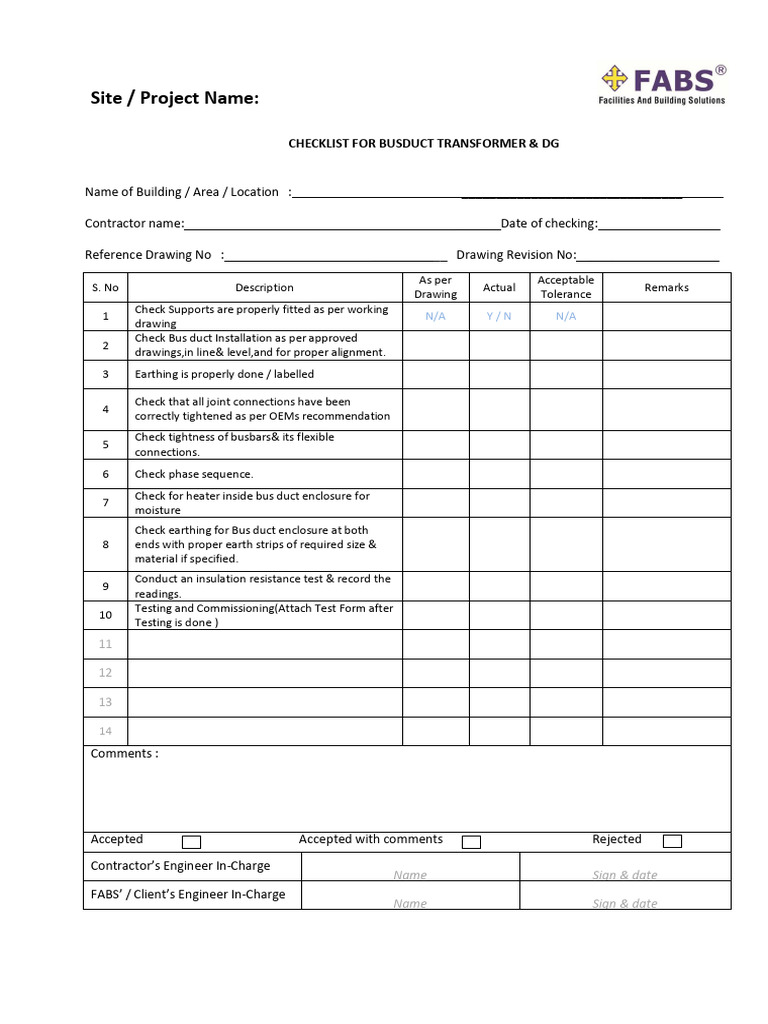 Busduct Transformer & DG Checklist | PDF