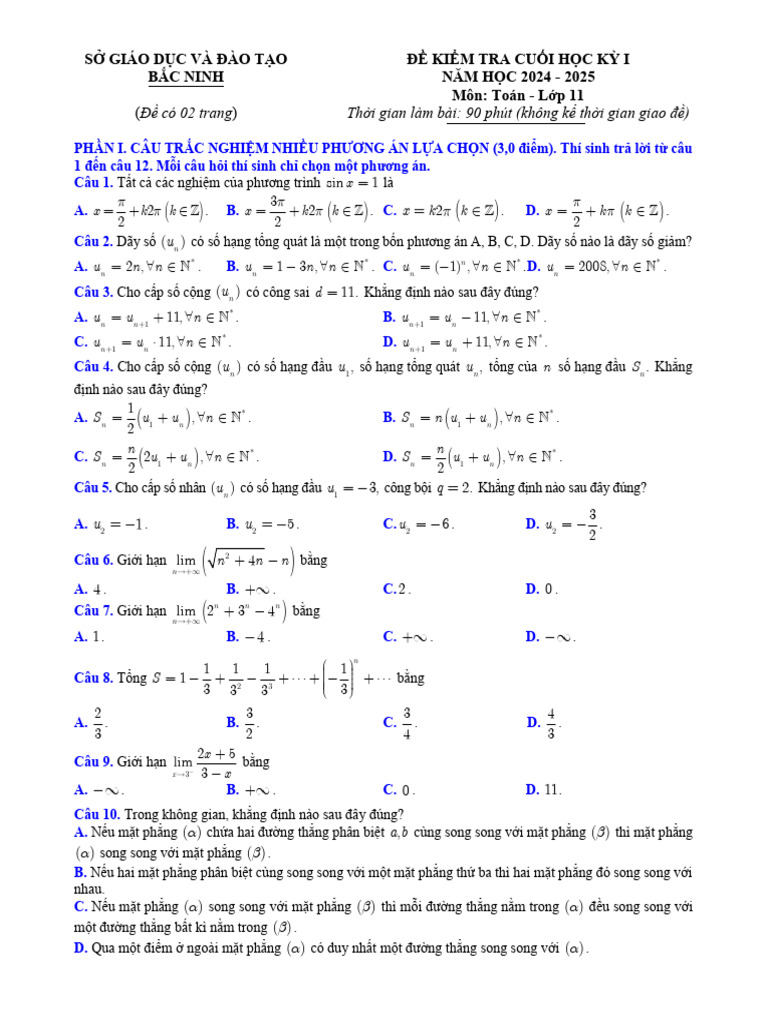 De Kiem Tra Cuoi Hoc Ky 1 Toan 11 Nam 2024 2025 So GDDT Bac Ninh | PDF