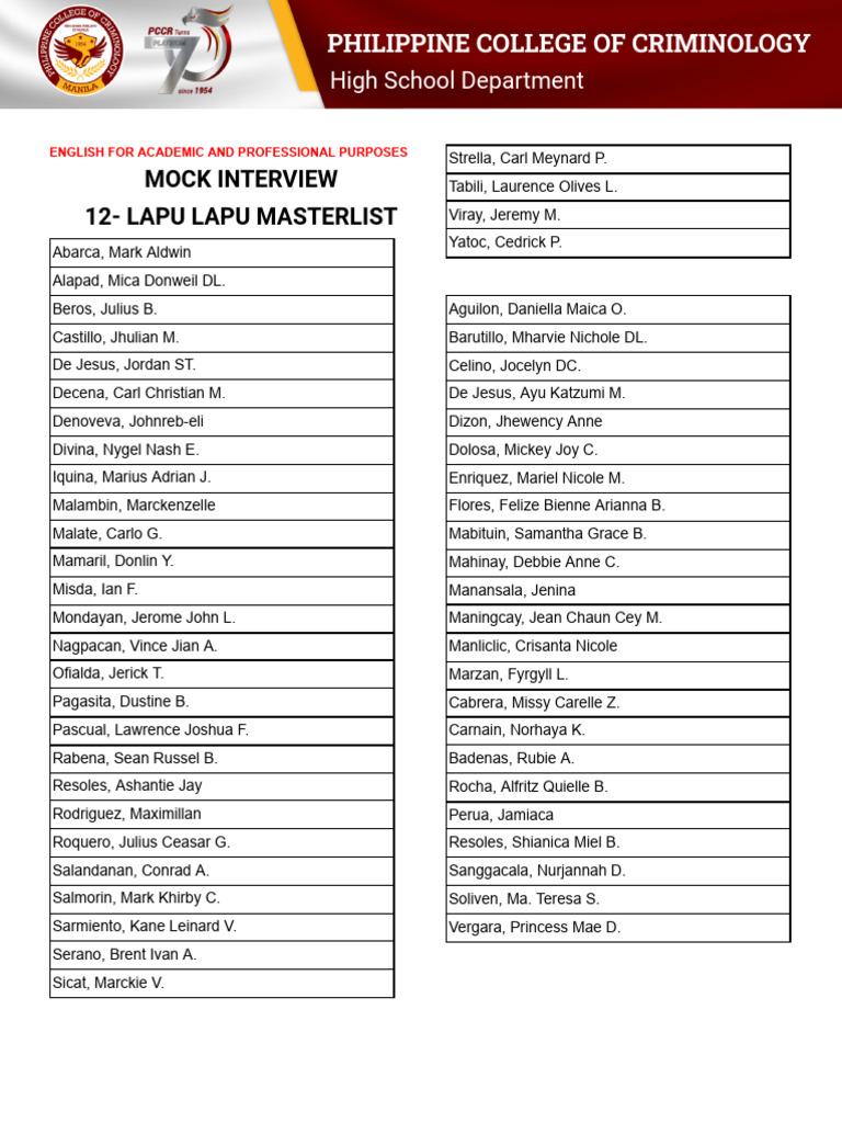 Mock Interview Masterlist Template | PDF