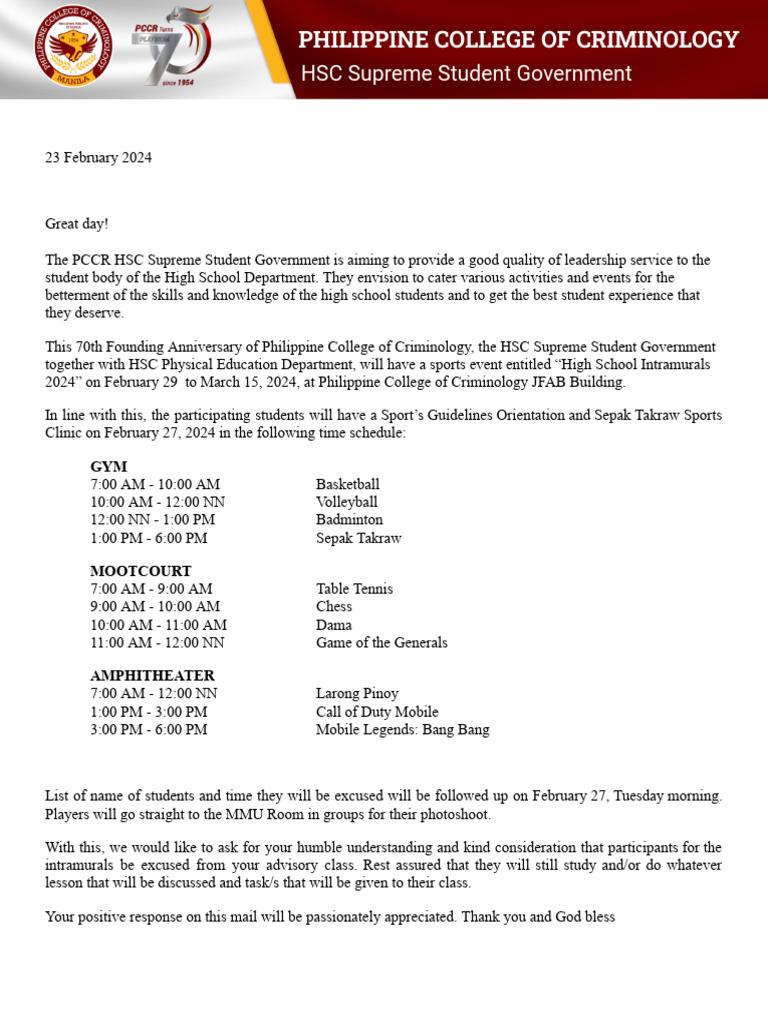 (HSC SSG) Guidelines Orientation Excuse Letter | PDF | Sports