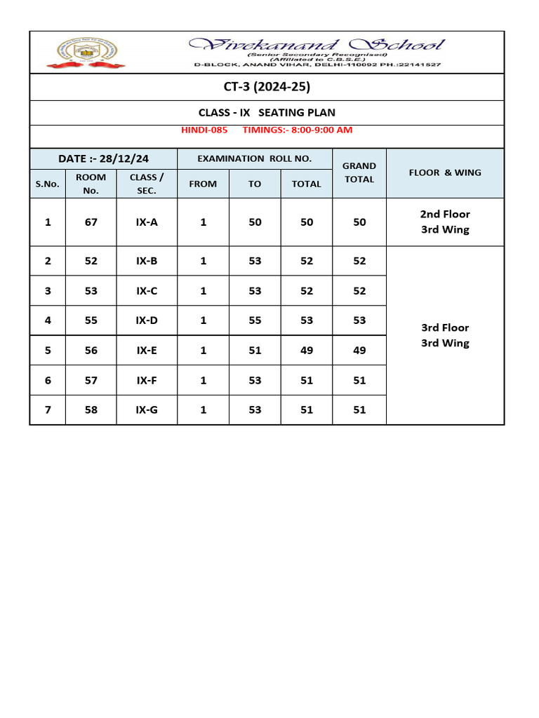 Class IX Exam Seating Plan 2024 | PDF