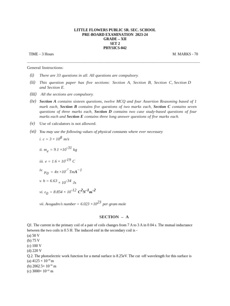 Little Flowers Public School Class 12 Set 2 Pre Board Paper.docx-1 ...
