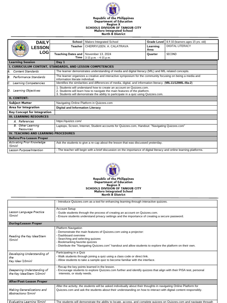 Digital Literacy Lesson Plan for Quizzes.com | PDF | Learning | Quiz