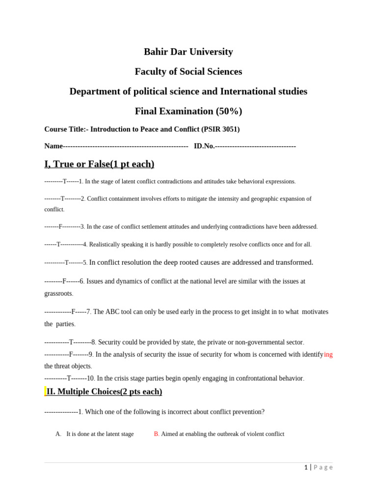 Peace and Conflict Exam Questions | PDF | Conflict Resolution | Social ...