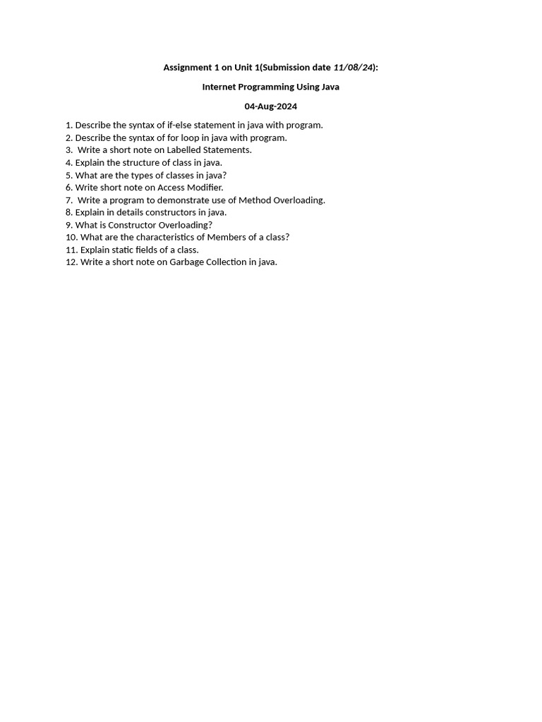 Java Assignment-1 On Unit-1 Handwritten | PDF