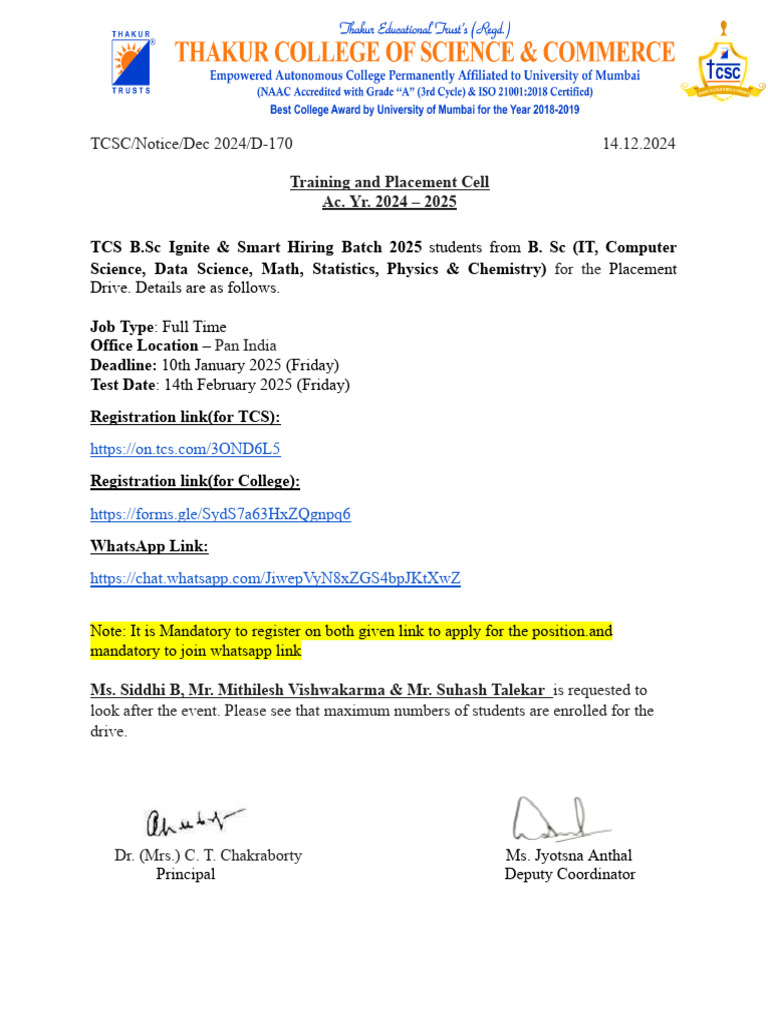 TCSC_Notice_Dec 2024_D-170 TCS B.sc Ignite & Smart Hiring | PDF