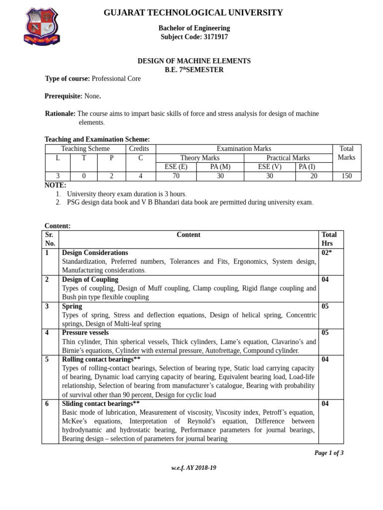 Design of Machine Elements Course Guide | PDF | Gear | Machines