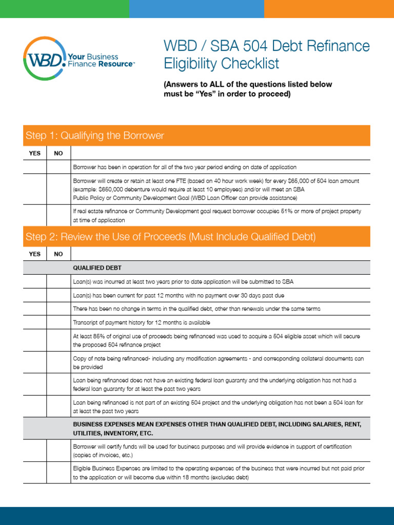 WBD 504 Refi Checklist 8 19 | PDF | Loans | Refinancing