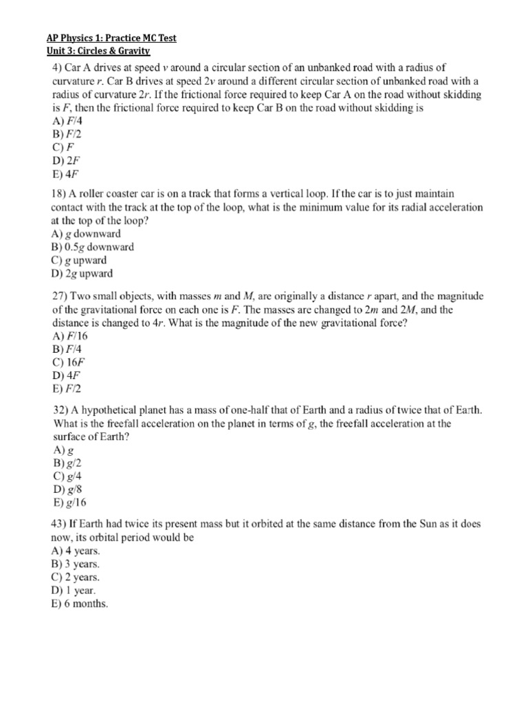 Practice MC AP1 - Unit 3 - Circular Motion & Gravitation | PDF