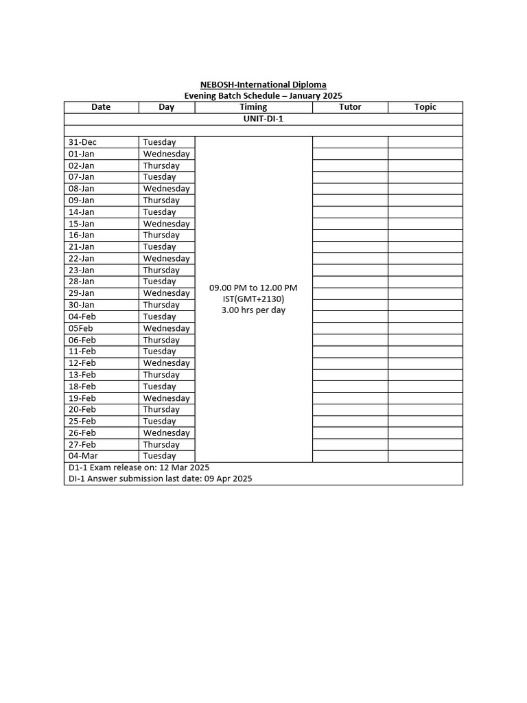 IDip - Evening Batch - Schedule (Jan - Jun 2025) | PDF
