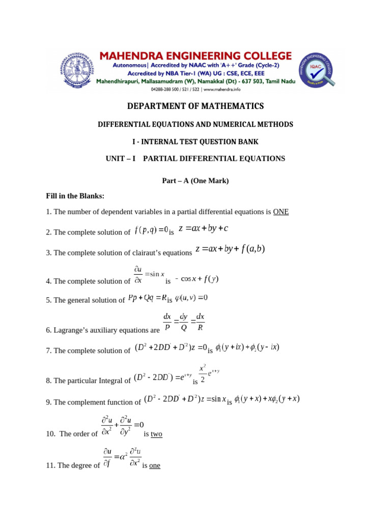 Denm Internal Test-I Question Bank | PDF | Partial Differential ...