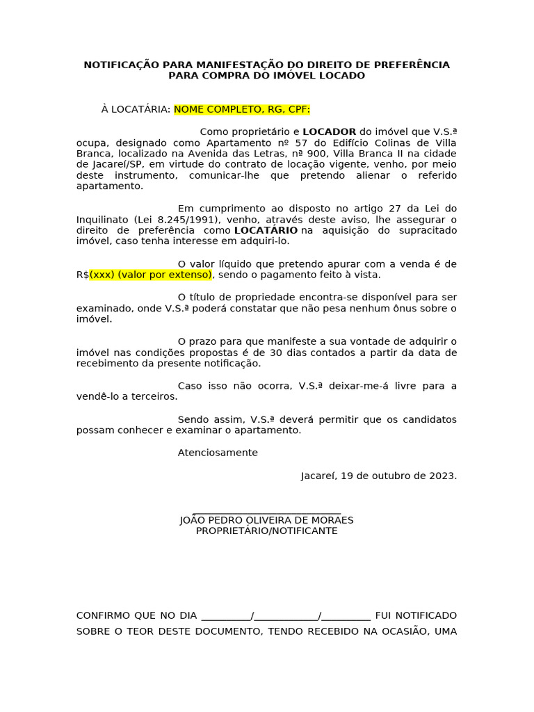 Notifica o Direito De Prefer ncia PDF