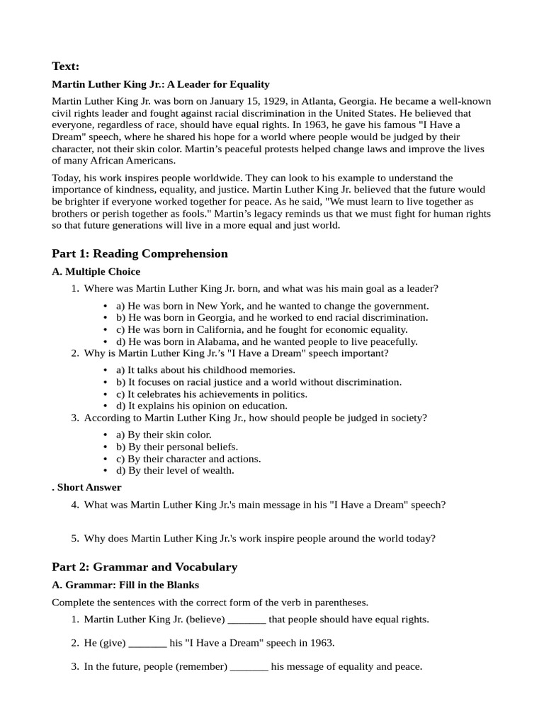 9th Grade Evaluation Reading Comprehension Grammar Vocabulary | PDF ...