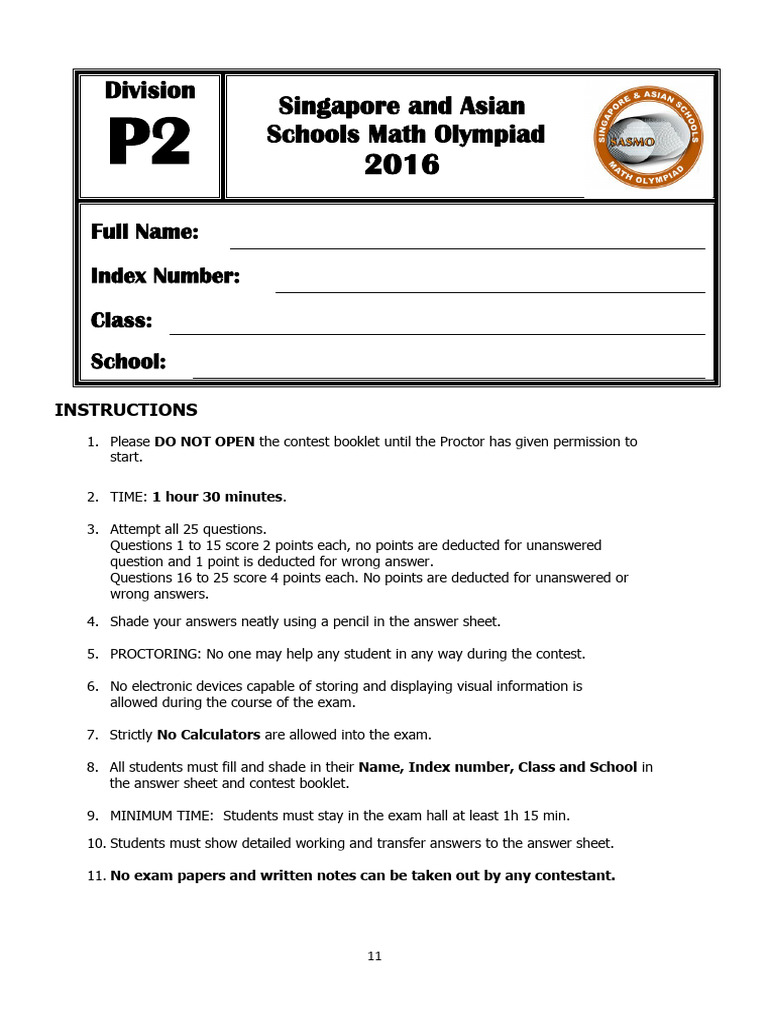 SASMO 2016 Primary 2 Contest Paper | PDF