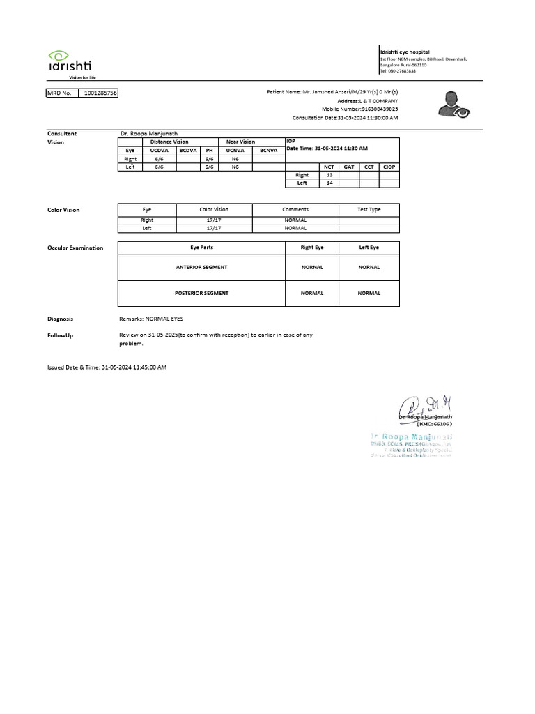 Normal Eye Examination Report | PDF | Vision | Visual System