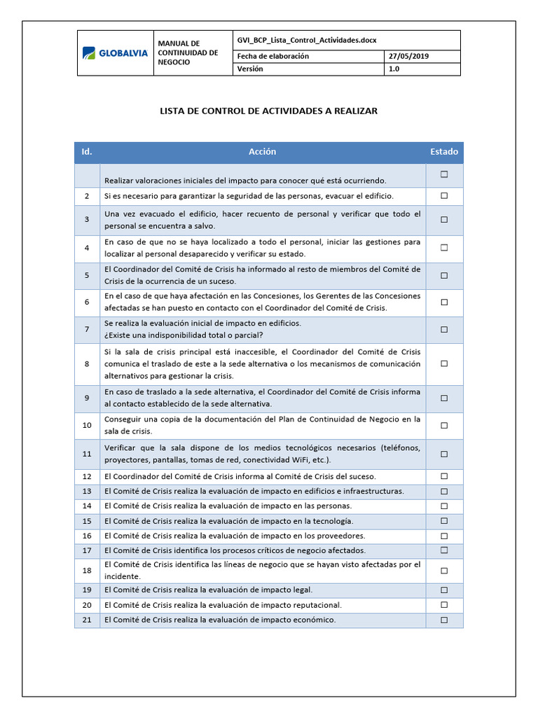 PBC Lista Control Actividades | PDF