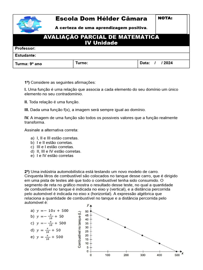IV Av Matemática 9º ano | PDF | Função (Matemática) | Carro