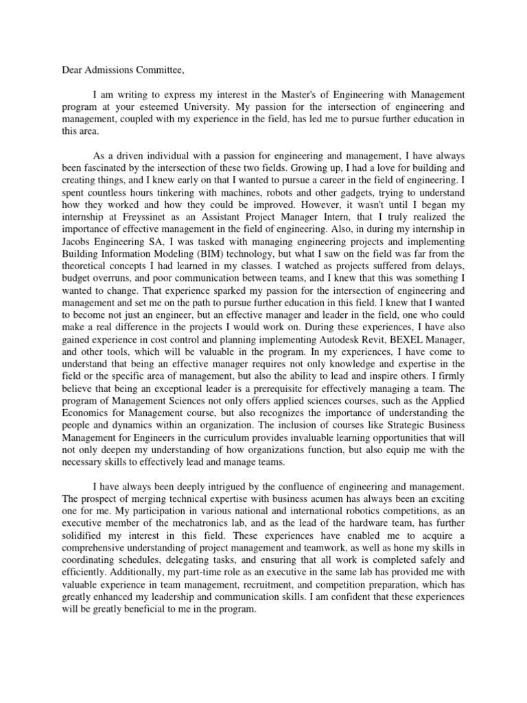 Master's in Engineering Management Application | PDF | Knowledge | Business