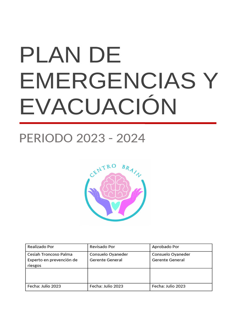 Plan de Emergencias 2023-2024 Brain SpA | PDF | Riesgo | Primeros auxilios