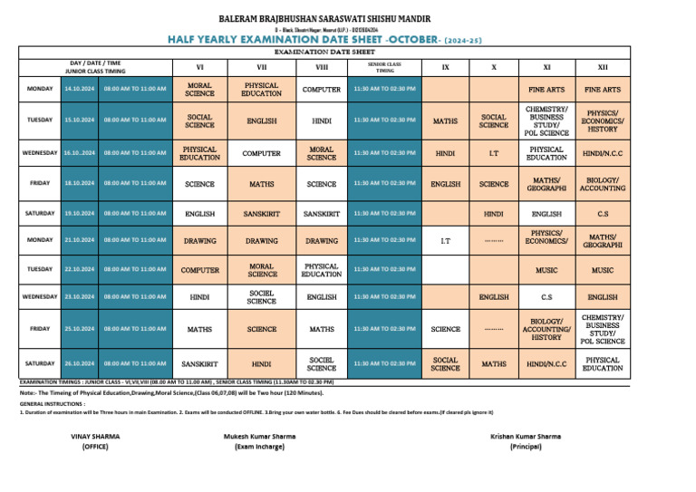 October 2024 Half Yearly Exam Schedule | PDF | Science