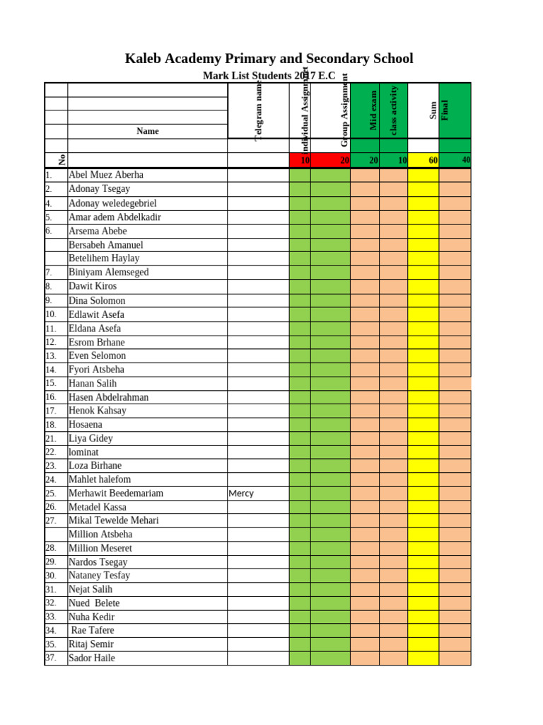 Kaleb Academy 2017 Student Mark List | PDF