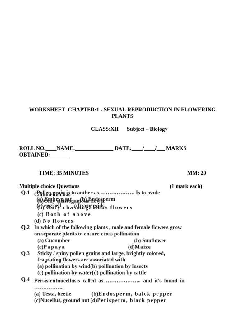 Class Xii Bio Worksheet For Session202324 | PDF | Pollination ...