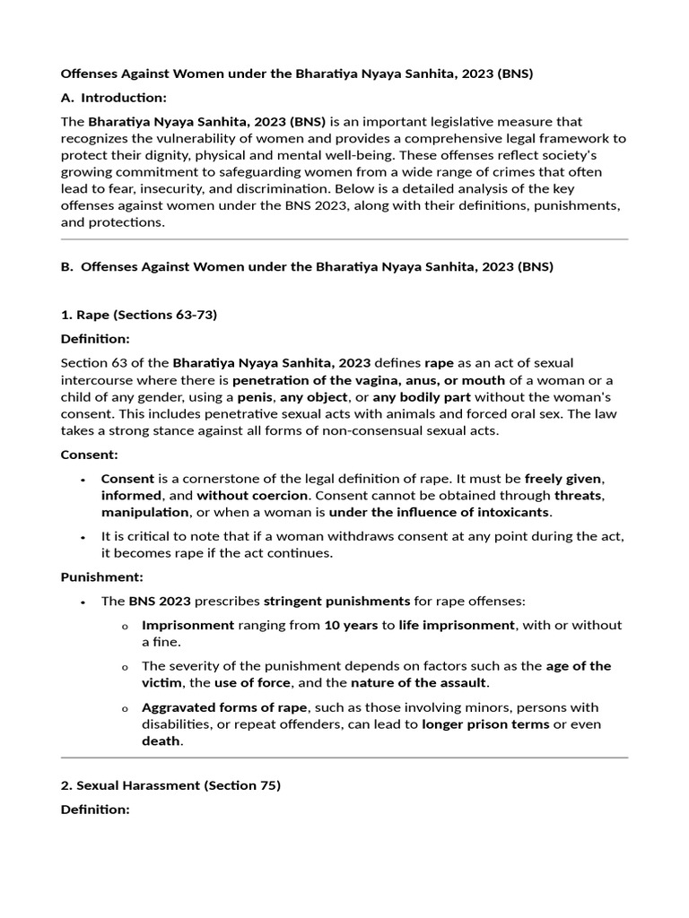 BNS 2023: Legal Protections for Women | PDF | Sexual Harassment | Rape